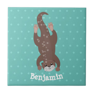 Cute otter diving on teal cartoon illustration tile