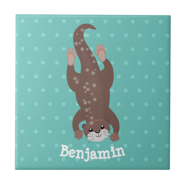 Cute otter diving on teal cartoon illustration tile (Front)