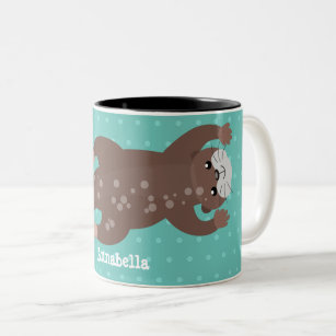 Cute otter diving on teal cartoon illustration Two-Tone coffee mug