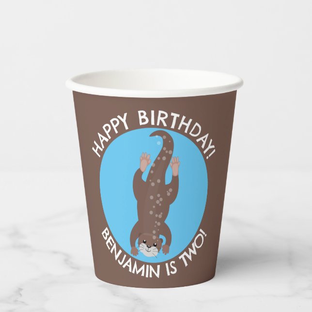Cute otter diving personalised cartoon birthday paper cups (Front)