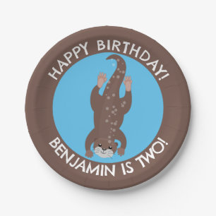 Cute otter diving personalised cartoon birthday paper plate