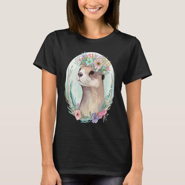 Cute Otter Flower Crown Floral Animal T-Shirt (Front)