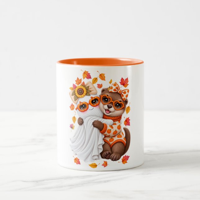 Cute Otter Ghost Halloween Fall Autumn  Two-Tone Coffee Mug (Center)