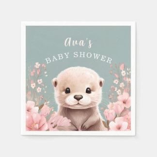 Cute Otter Girl Baby Shower Sage & Pink Floral Napkin