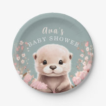 Cute Otter Girl Baby Shower Sage & Pink Floral