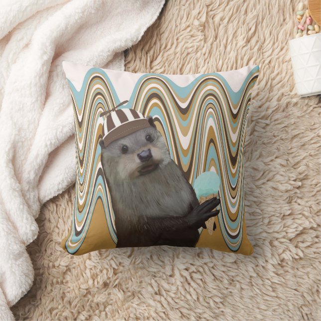 Cute Otter Holding Ice-cream On Swirl Background Cushion (Blanket)