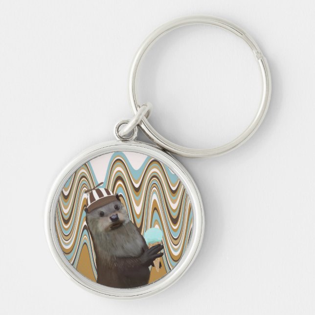 Cute Otter Holding Ice-cream On Swirl Background Key Ring (Front)