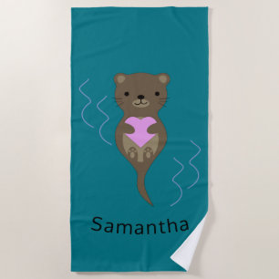 Cute Otter Hugging a Heart Beach Towel