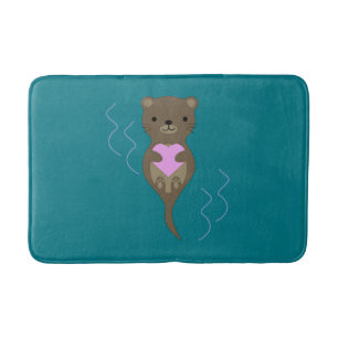 Cute Otter Hugging a Pink Heart Bath Mat