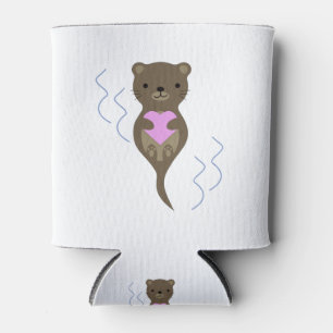 Cute Otter Hugging a Pink Heart Can Cooler