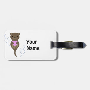Cute Otter Hugging a Pink Heart Luggage Tag