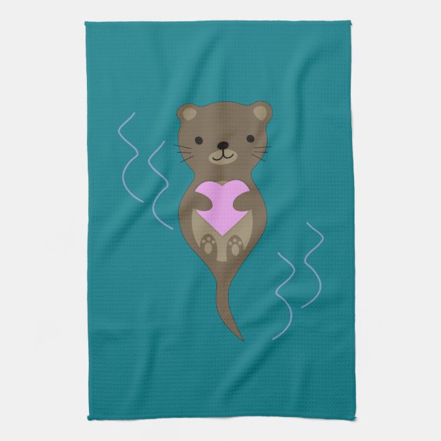 Cute Otter Hugging a Pink Heart Tea Towel (Vertical)