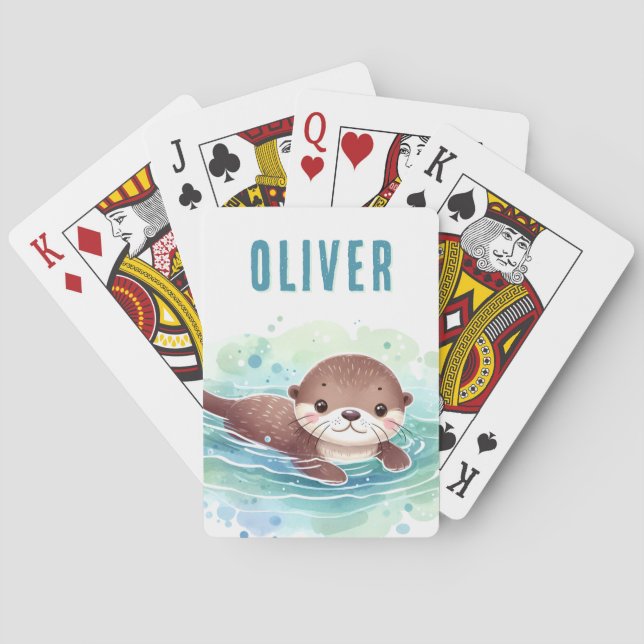 Cute Otter Illustration Custom Name Playing Cards (Back)