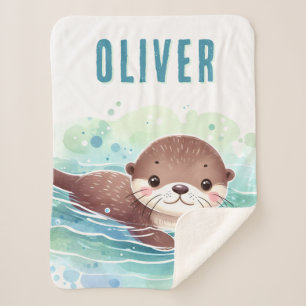 Cute Otter Illustration Custom Name Sherpa Blanket