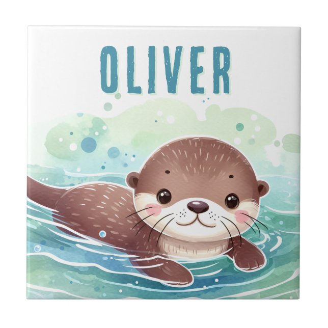 Cute Otter Illustration Custom Name Tile (Front)