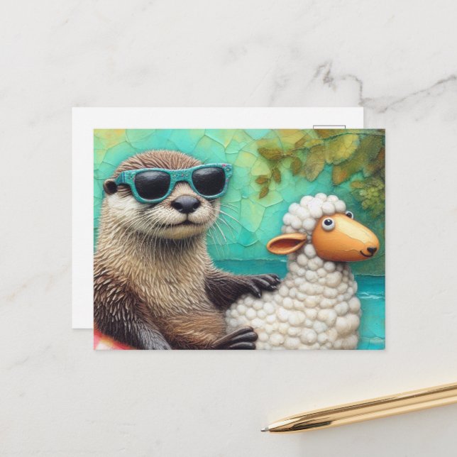 Cute Otter in a Floating Sheep Floatie on a River  Postcard (Front/Back In Situ)