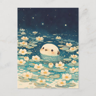 Cute Otter in Starry Night Lily Pond Postcard