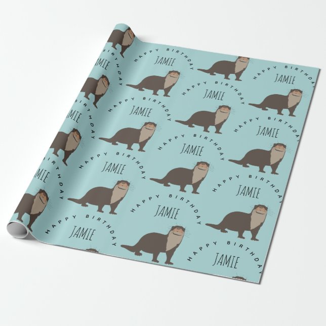 Cute Otter Pattern Custom Name Birthday Wrapping Paper (Unrolled)
