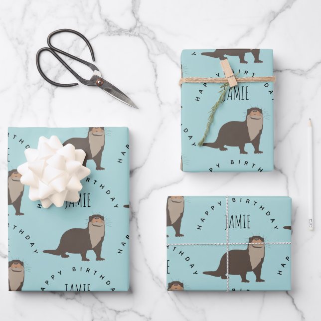 Cute Otter Pattern Custom Name Birthday Wrapping Paper Sheet (Front)