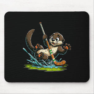 Cute Otter Playing Hockey Splashing On Pond Rink  Mouse Mat
