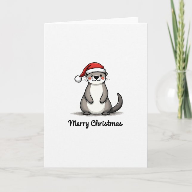 Cute Otter Santa Hat Winter Animal Merry Christmas Card (Front)