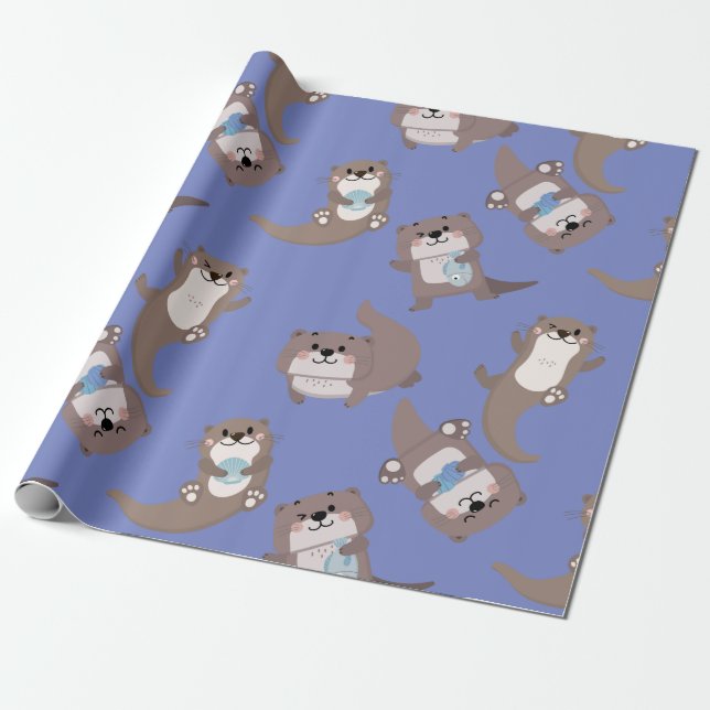 Cute otter shell fish wrapping paper (Unrolled)