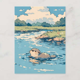Cute Otter Swimming in Sunny Summer River Postcard