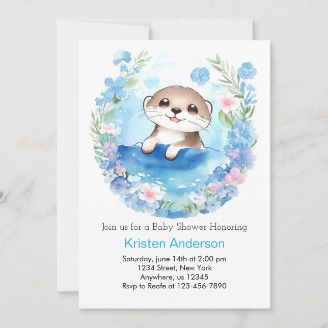 Cute Otter Watercolor Boy Baby Shower Invitation (Front)