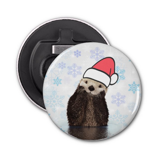 Cute Otter Wearing a Santa Hat Christmas Bottle Opener (Front)