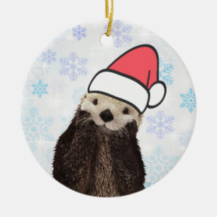 Cute Otter Wearing a Santa Hat Christmas Ceramic Tree Decoration