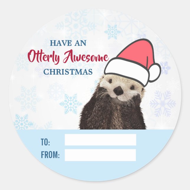 Cute Otter Wearing a Santa Hat Christmas Classic Round Sticker (Front)