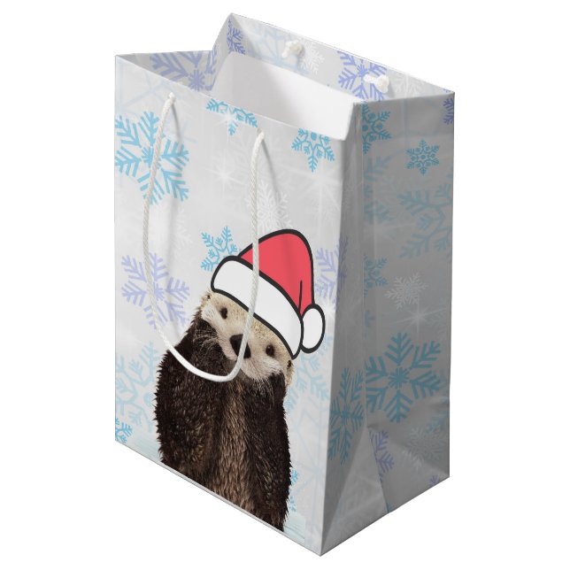 Cute Otter Wearing a Santa Hat Christmas Medium Gift Bag (Front Angled)