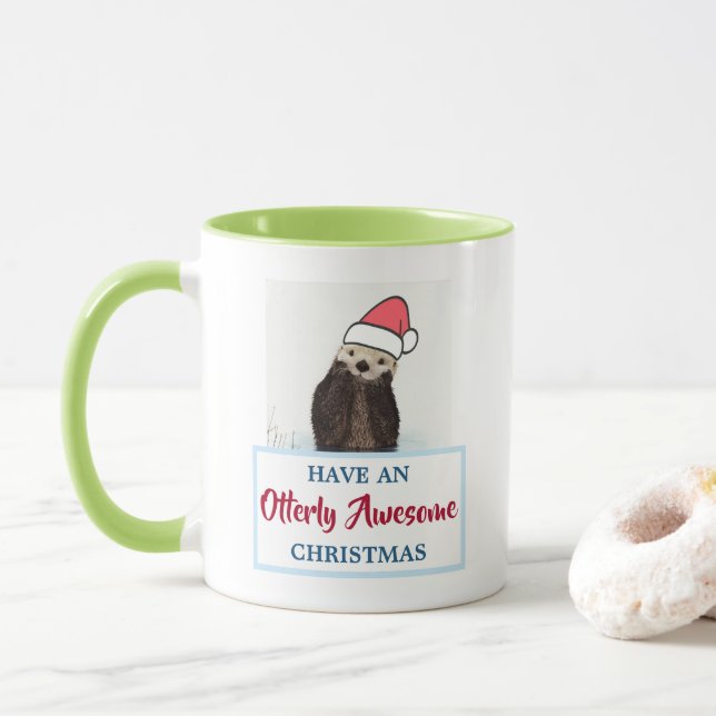 Cute Otter Wearing a Santa Hat Christmas Pun Mug (With Donut)