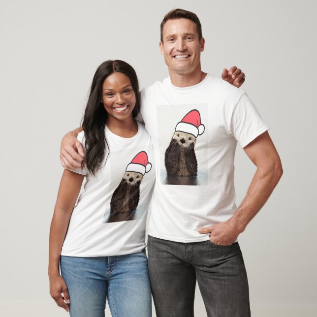 Cute Otter Wearing a Santa Hat Christmas T-Shirt (Unisex)