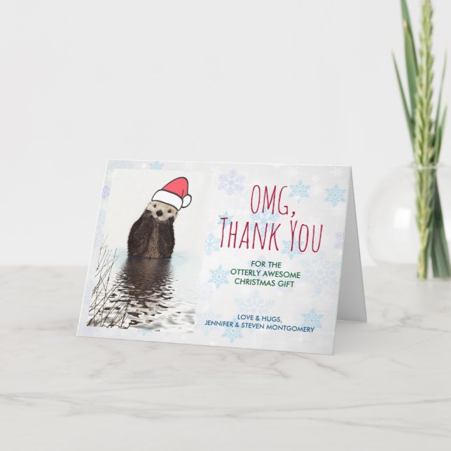 Cute Otter Wearing a Santa Hat Christmas Thank You Card (Front)