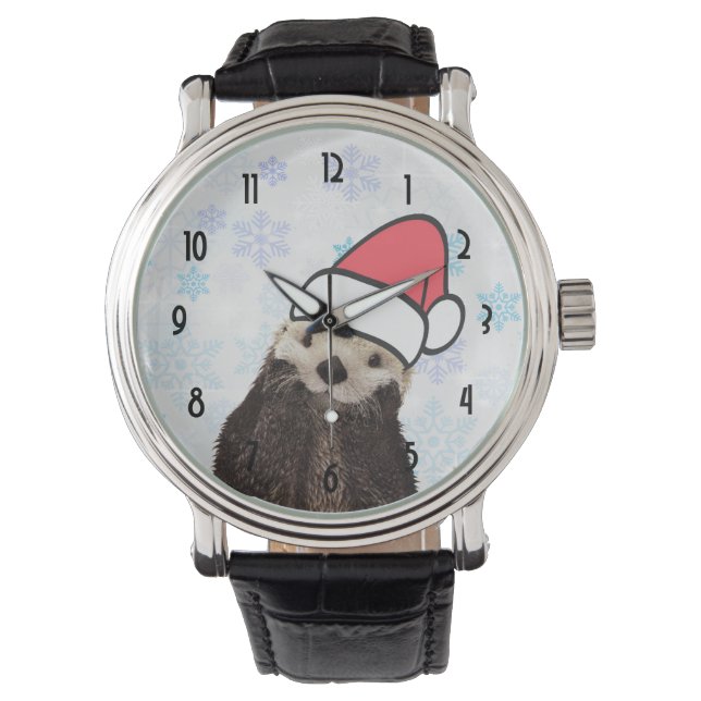 Cute Otter Wearing a Santa Hat Christmas Watch (Front)