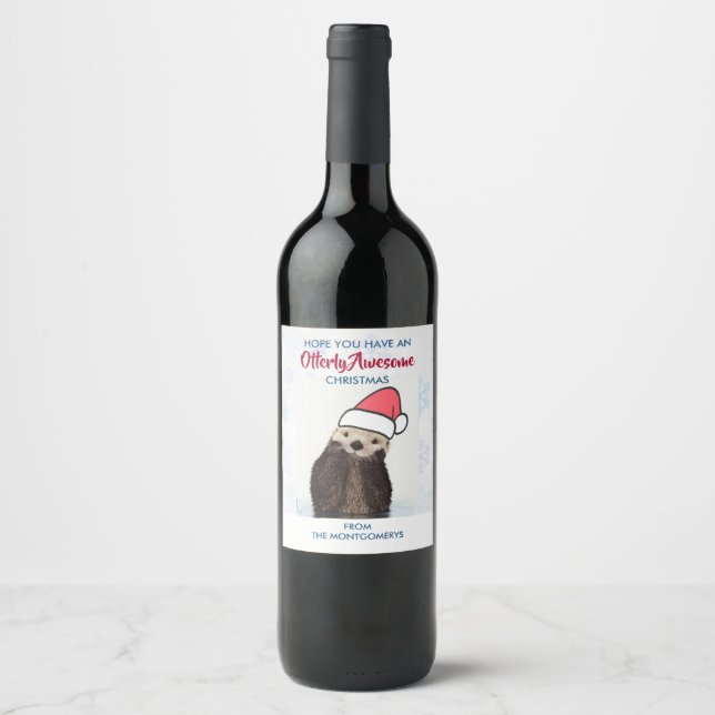 Cute Otter Wearing a Santa Hat Christmas Wine Label (Front)