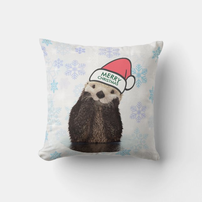 Cute Otter Wearing a Santa Hat Merry Christmas Cushion (Front)
