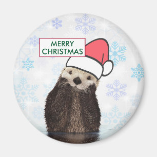 Cute Otter Wearing a Santa Hat Merry Christmas Magnet