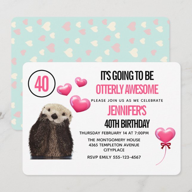 Cute Otter Wildlife with Pink Hearts Birthday Invitation (Front/Back)