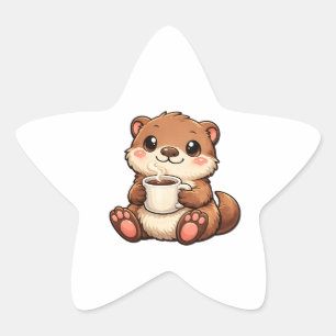 Cute Otter with Coffee – Cozy Kawaii Animal Star Sticker