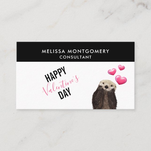 Cute Otter with Hearts Valentine's Day Business Card (Front)