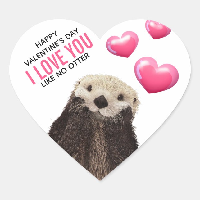 Cute Otter with Hearts Valentine's Day Humour Heart Sticker (Front)