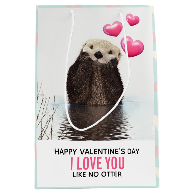 Cute Otter with Hearts Valentine's Day Humour Medium Gift Bag (Front)