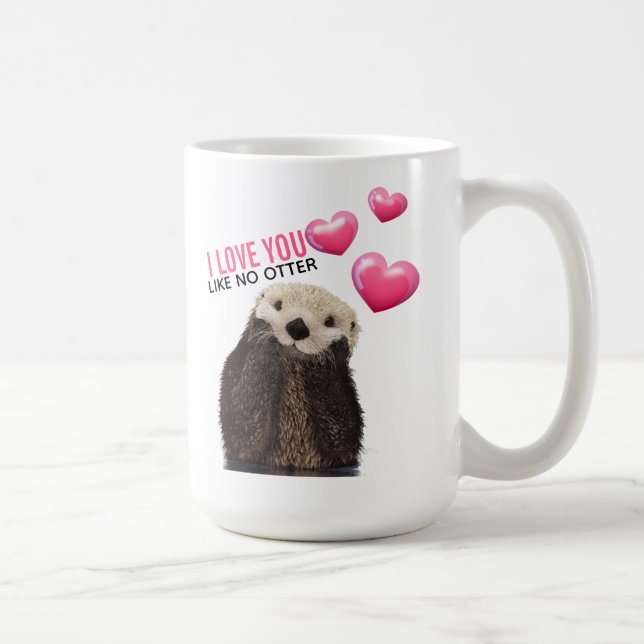Cute Otter with Pink Hearts Love You Pun Coffee Mug (Right)