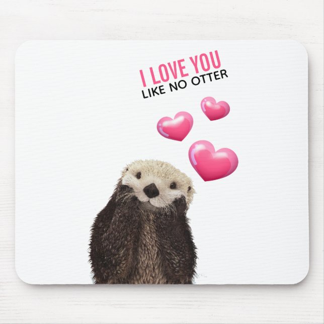 Cute Otter with Pink Hearts Love You Pun Mouse Mat (Front)