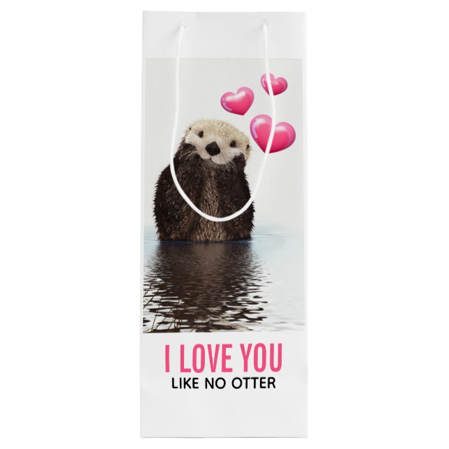 Cute Otter with Pink Hearts Love You Pun Wine Gift Bag (Back)