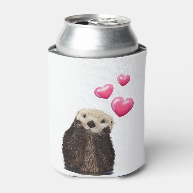 Cute Otter with Pink Love Hearts Can Cooler (Can Front)