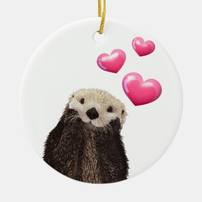 Cute Otter with Pink Love Hearts Ceramic Tree Decoration (Front)
