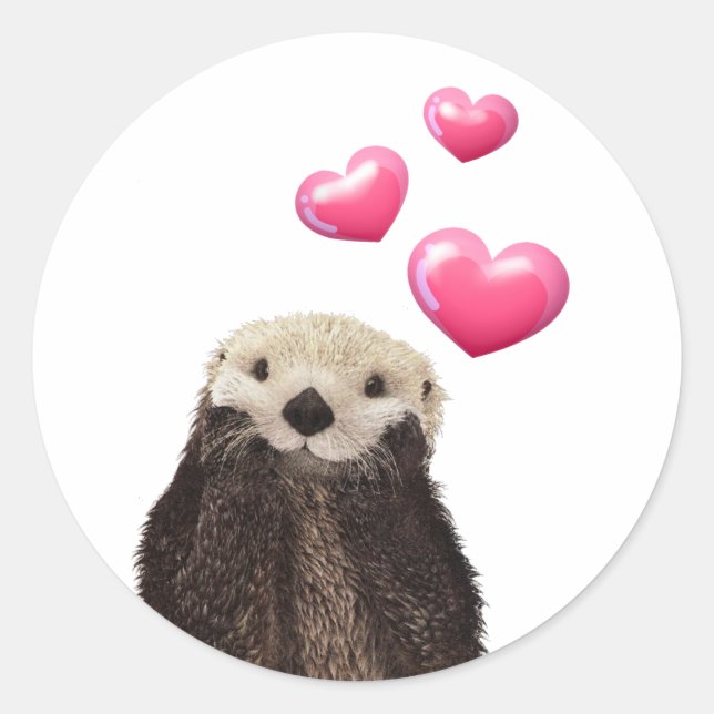 Cute Otter with Pink Love Hearts Classic Round Sticker (Front)
